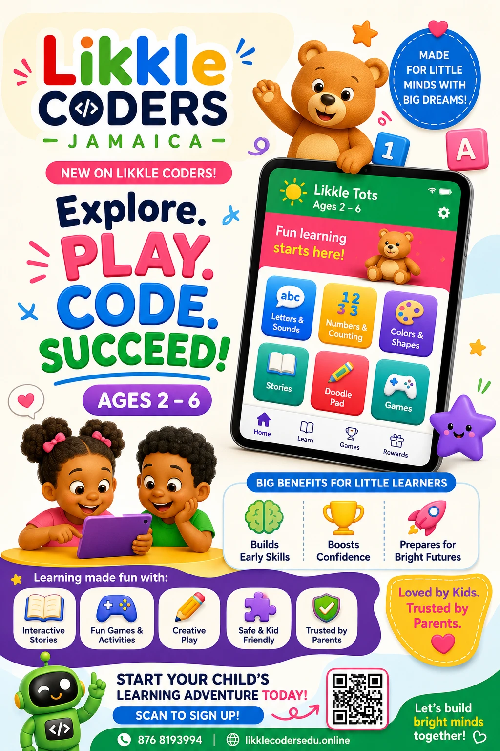 Likkle Tots poster — Explore, Play, Code, Succeed, ages 2 to 6